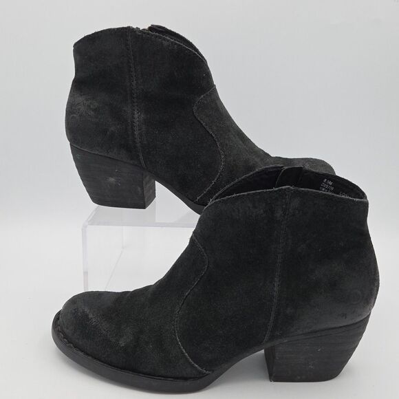 Born Womens Michel Boot Sz 8.5 Black Suede Distressed Western Bootie Block Heel - Picture 2 of 9